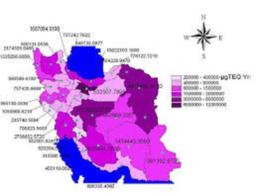 برآورد ميزان انتشار دي اکسين ها و فوران ها از منابع مختلف در ايران و پهنه بندي آن در GIS