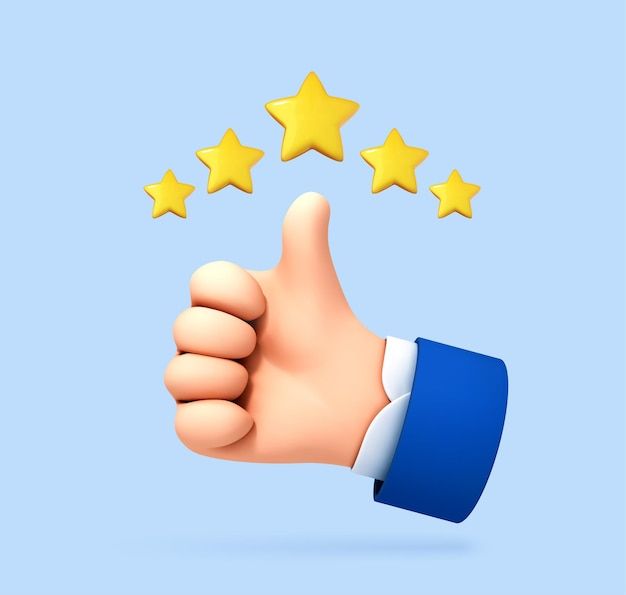 Desenho animado 3D polegar para cima com uma classificacao de cinco estrelas Avaliacao do cliente Classificacao da revisao do cliente Ilustracao 3d vetorial   Vetor Premium