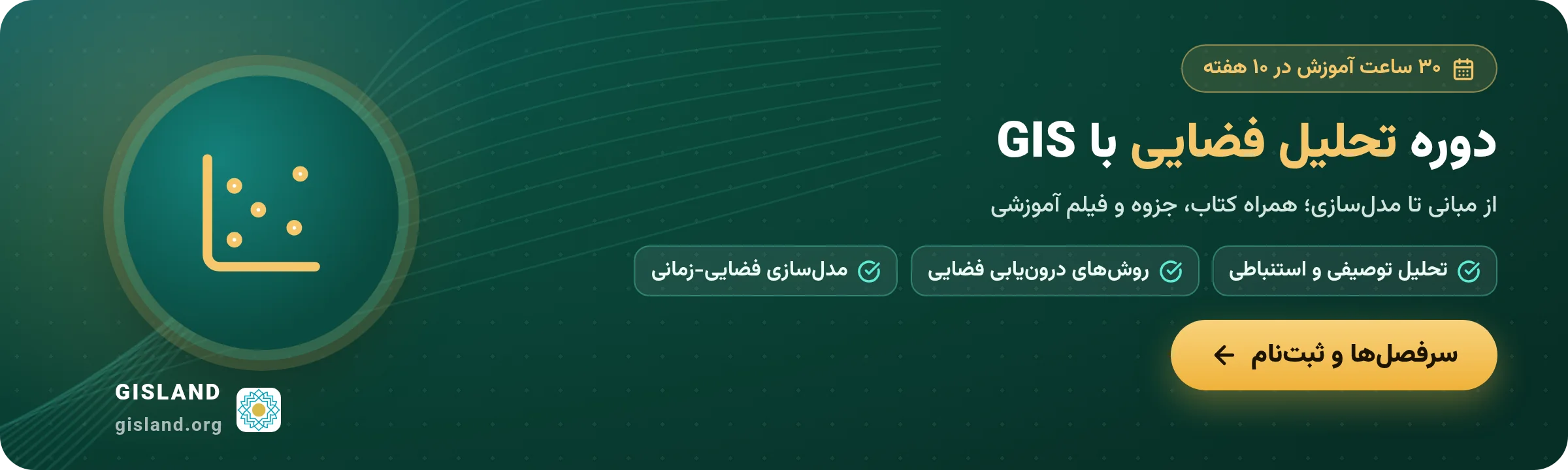 بنر دوره تحلیل فضایی با GIS: ۳۰ ساعت آموزش در ۱۰ هفته، درون‌یابی و مدل‌سازی فضایی-زمانی؛ سرفصل‌ها و ثبت‌نام