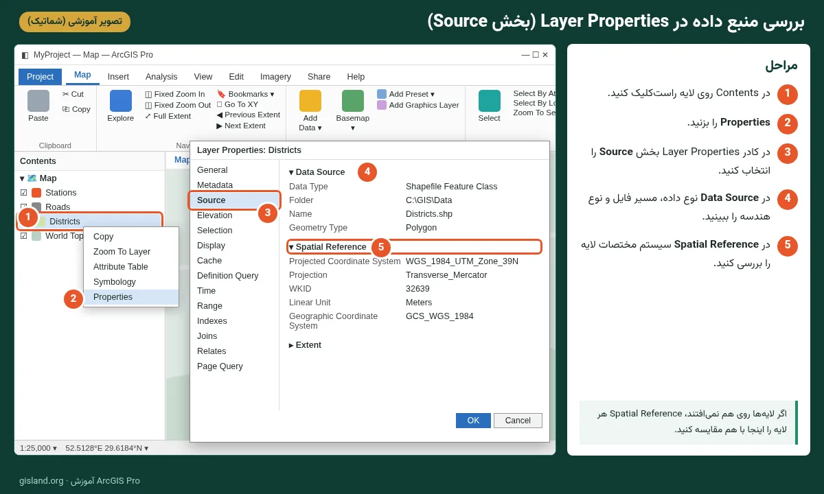 تصویر آموزشی بخش Source در Layer Properties برای بررسی منبع داده و سیستم مختصات در ArcGIS Pro